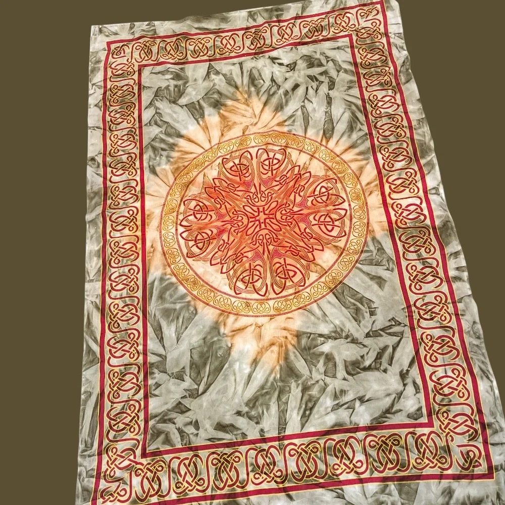 Green, Gold & Red Celtic Knot Mandala Festival Wall Tapestry